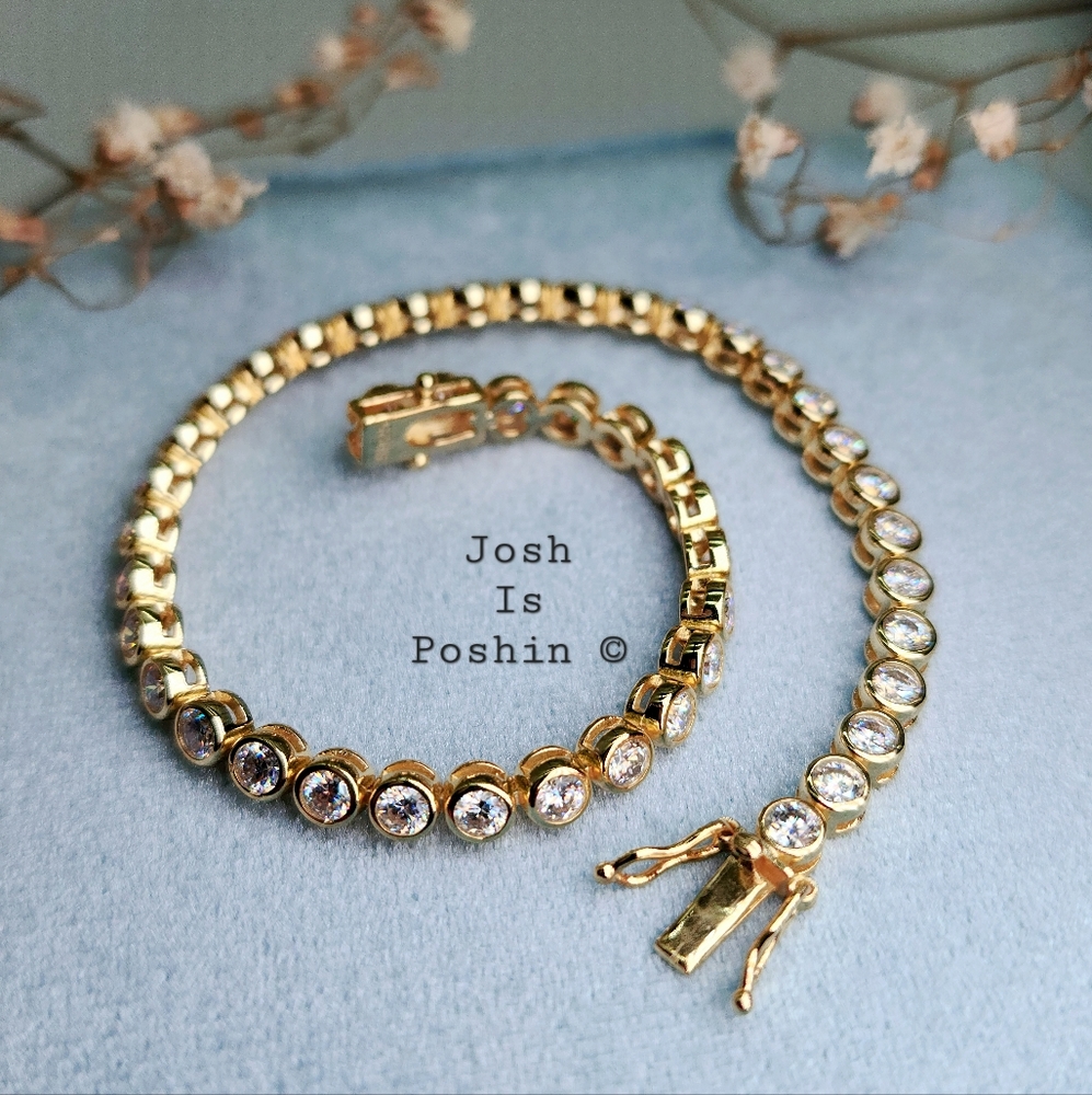 Moissanite bezel set 3MM moissanite tennis bracelet in gold over sterling silver